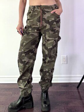 Y2K vintage green camo army print stretchy fitted cotton drawstring jogger pants